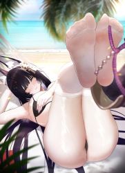 Rule 34 | 1girl, absurdres, animal ear fluff, animal ears, ass, azur lane, between toes, bikini, black hair, breast hold, breasts, commission, feet, foot focus, foreshortening, fox ears, hair ornament, highres, huge breasts, legs, looking at viewer, musashi (azur lane), nail polish, no shoes, skeb commission, soles, swimsuit, thighhighs, thighs, toe scrunch, toenail polish, toenails, toes, ursica, white thighhighs
