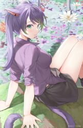 Rule 34 | 1girl, absurdres, animal ears, arm support, cat ears, cat tail, earrings, final fantasy, final fantasy xiv, flower, green eyes, highres, jewelry, leaning back, long hair, looking at viewer, miqo&#039;te, multicolored hair, outdoors, purple hair, purple shirt, shirt, sitting, skirt, solo, tail, twintails, two-tone hair, warrior of light (ff14), water, yana mori