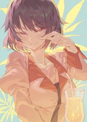 Rule 34 | 1girl, blouse, blue background, blush, bob cut, collarbone, commentary, condensation, cup, drink, drinking glass, drinking straw, fern, hand on own face, highres, hurricane glass, hxxg, juliet sleeves, light blush, light smile, long sleeves, looking ahead, monogatari (series), naoetsu high school uniform, necktie, pink shirt, puffy sleeves, purple background, purple hair, purple necktie, school uniform, senjougahara hitagi, shirt, short hair, solo, turning head, upper body