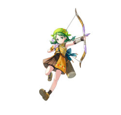 Rule 34 | 1girl, aged down, aiming, arrow (projectile), bandana, black gloves, bow (weapon), braid, brown footwear, female focus, fingerless gloves, fire emblem, fire emblem: the blazing blade, fire emblem heroes, gloves, green eyes, green hair, holding, holding bow (weapon), holding weapon, matching hair/eyes, nintendo, official alternate costume, official art, pleated skirt, quiver, rebecca (fire emblem), skirt, smile, solo, twintails, v-shaped eyebrows, weapon, yellow bandana