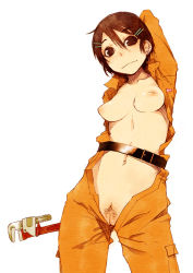 Rule 34 | 1girl, belt, breasts, brown eyes, brown hair, cleft of venus, female pubic hair, jumpsuit, mashimi, nipples, open clothes, open shirt, orange jumpsuit, orange shirt, original, pubic hair, pussy, shimimaru, shirt, solo, tools, wrench