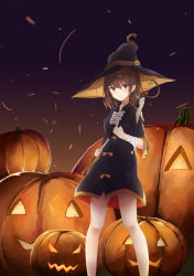 Rule 34 | 1girl, absurdres, bandaged arm, bandages, bare legs, black dress, black hat, bow, breasts, brown hair, choker, closed mouth, collared dress, commentary request, dress, feet out of frame, frilled dress, frills, gradient background, hair between eyes, halloween, halloween costume, hat, highres, holding, holding wand, jack-o&#039;-lantern, lace, lace-trimmed dress, lace trim, legs apart, long sleeves, looking at viewer, nighttsound, orange bow, original, pumpkin, red eyes, ribbon choker, short hair, sidelocks, smile, solo, standing, star (symbol), wand, witch, witch hat, yellow choker