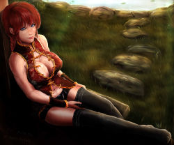 Rule 34 | 1girl, alternate costume, armband, bare arms, bare shoulders, black thighhighs, blue eyes, braid, breasts, chinese clothes, cleavage, female focus, floral print, full body, genderswap, genderswap (mtf), grass, large breasts, lily pad, long hair, looking at viewer, midriff, mightyhonk, muscular, navel, open clothes, open shirt, pond, ranma-chan, ranma 1/2, realistic, red hair, red lips, rock, saotome ranma, shirt, short shorts, shorts, sitting, sleeveless, sleeveless shirt, solo, thighhighs, toned, wet