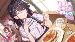 Rule 34 | 2boys, 2girls, :d, ^ ^, black hair, cafe, casual, closed eyes, copyright name, cup, facing viewer, food, fork, game cg, girls! girls! girls!?, hair ornament, holding, holding fork, husun wei, kaduki sena, long hair, male focus, multiple boys, multiple girls, nail polish, open mouth, plate, sitting, smile, solo focus, table, trap
