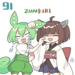 Rule 34 | 2girls, ^ ^, ahoge, angry, arm at side, arm up, blank eyes, blue skirt, brown hair, cheek pinching, closed eyes, commentary request, cowboy shot, crying, crying with eyes open, fang, fighting, furrowed brow, grabbing another&#039;s ear, green hair, hand on another&#039;s ear, hand on own hip, headgear, highres, japanese clothes, kimono, long hair, low ponytail, mg gumin, multiple girls, obi, obijime, open mouth, pinching, pleated skirt, puffy short sleeves, puffy sleeves, sash, shaded face, shirt, shirt tucked in, short hair, short kimono, short sleeves, shorts, side-by-side, signature, simple background, skirt, smile, suspender shorts, suspenders, tears, text in mouth, touhoku kiritan, twintails, v-shaped eyebrows, very long hair, voiceroid, voicevox, white background, white kimono, white shirt, zundamon