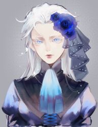 Rule 34 | 1girl, blue dress, blue eyes, colored eyelashes, devil may cry (series), dress, flower, flower on head, genderswap, genderswap (mtf), highres, lipstick, lolita fashion, long hair, looking at viewer, makeup, red lips, solo, vergil (devil may cry), weibo 7741399156, white hair