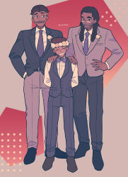 Rule 34 | 3boys, absurdres, bow (she-ra), closed eyes, dark-skinned male, dark skin, dreadlocks, facial hair, father and son, formal, george (she-ra), glasses, grin, hand in pocket, hand on another&#039;s shoulder, hand on own hip, head wreath, highres, lance (she-ra), masters of the universe, multiple boys, mustache, she-ra and the princesses of power, simple background, smile, suit, takamizo, tuxedo
