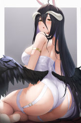 Rule 34 | 1girl, :o, albedo (overlord), animal ears, arm strap, ass, bare shoulders, black hair, blush, breasts, brown eyes, demon girl, fake animal ears, fishnet thighhighs, fishnets, futon fly away, garter straps, hair between eyes, hair ornament, hairband, highres, horns, large breasts, leotard, long hair, looking at viewer, looking back, overlord (maruyama), parted lips, playboy bunny, rabbit ears, solo, thighhighs, thighs, white hairband, white leotard, white thighhighs, wings