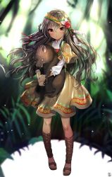 Rule 34 | 1girl, animal, bad id, bad pixiv id, black hair, blush, boar, braid, commentary, dress, feather hair ornament, feathers, full body, gambe, hair between eyes, hair ornament, headband, highres, holding, holding animal, long hair, looking at viewer, original, red eyes, sandals, side braid, solo, standing, very long hair
