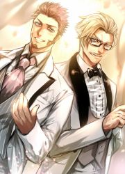 Rule 34 | 2boys, beard, blue eyes, blush, brown hair, facial hair, fate/grand order, fate (series), formal, glasses, highres, james moriarty (archer) (fate), long sideburns, long sleeves, looking at viewer, male focus, multiple boys, mustache, napoleon bonaparte (fate), necktie, one eye closed, simple background, smile, teeth, uniform, white hair, zuman (zmnjo1440)