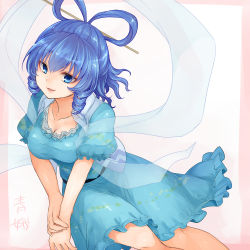 Rule 34 | 1girl, blue dress, blue eyes, blue hair, breasts, cleavage, collarbone, dress, drill hair, hair ornament, hair rings, hair stick, kaku seiga, large breasts, looking at viewer, matching hair/eyes, monrooru, open clothes, open mouth, open vest, puffy short sleeves, puffy sleeves, shawl, short sleeves, smile, solo, touhou, vest