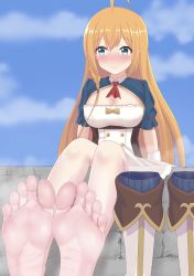 Rule 34 | 1girl, barefoot, beru (belse mmrkhr), blonde hair, blue eyes, blush, boots, breasts, cleavage, feet, foot focus, highres, long hair, pecorine (princess connect!), princess connect!, shoes, sitting, smile, soles, solo, steam, toes, unworn shoes