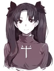 Rule 34 | 1girl, black hair, fate/stay night, fate (series), hair ribbon, long hair, monochrome, puyo (puyotopia), ribbon, smile, solo, sweater, tohsaka rin, twintails, two side up, upper body