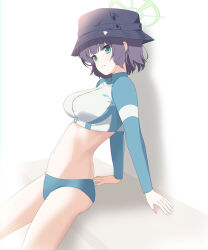 Rule 34 | 1girl, arm support, ass, black hair, blue archive, commentary request, eko, green eyes, hair between eyes, halo, hat, highres, jacket, leaning back, long sleeves, looking at viewer, multicolored clothes, multicolored jacket, navel, official alternate costume, raglan sleeves, rash guard, saki (blue archive), saki (swimsuit) (blue archive), short hair, sidelocks, simple background, sitting, smile, solo, stomach, two-tone jacket, white background