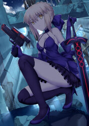 Rule 34 | 1girl, a-senmei, absurdres, artoria pendragon (all), artoria pendragon (fate), bare shoulders, black skirt, black thighhighs, blonde hair, bow, breasts, cleavage, closed mouth, collarbone, commentary, dress, dutch angle, elbow gloves, fate (series), frilled skirt, frills, full body, gloves, gun, hair between eyes, hair bow, handgun, high heels, highres, holding, holding gun, holding sword, holding weapon, light rays, looking at viewer, looking to the side, medium breasts, miniskirt, outdoors, over-kneehighs, planted, planted sword, planted weapon, purple bow, purple dress, purple footwear, purple gloves, ruins, saber alter, skirt, sleeveless, sleeveless dress, solo, squatting, sword, thighhighs, water, weapon, yellow eyes
