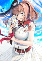 Rule 34 | 1girl, absurdres, blue eyes, blue sky, bouquet, breast pocket, breasts, brown hair, cloud, cowboy shot, dress, flower, hair between eyes, highres, kantai collection, large breasts, looking at viewer, neckerchief, pocket, ponytail, red neckerchief, saratoga (kancolle), side ponytail, sidelocks, sky, smokestack, smokestack hair ornament, solo, white dress, yunamaro