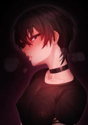 Rule 34 | 1boy, black background, black eyes, black hair, black shirt, blush, choker, collarbone, commentary request, covered erect nipples, from side, highres, in (ain), korean commentary, lips, looking at viewer, male focus, open mouth, original, pectorals, shirt, short hair, short sleeves, simple background, solo