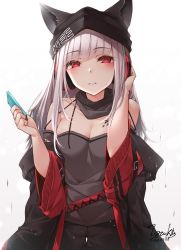 Rule 34 | 1girl, animal ears, arknights, bare shoulders, beanie, black hat, black jacket, blush, breasts, cellphone, cleavage, commentary request, dated, detached collar, frostleaf (arknights), grey shirt, hands up, hat, headphones, highres, holding, holding phone, implied extra ears, jacket, long hair, long sleeves, looking at viewer, material growth, medium breasts, off-shoulder shirt, off shoulder, open clothes, open jacket, oripathy lesion (arknights), parted lips, partial commentary, phone, red eyes, shirt, sidelocks, signature, silver hair, simple background, smartphone, solo, toyosaki shu, upper body, white background