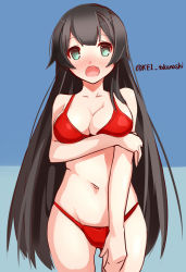 Rule 34 | 10s, 1girl, agano (kancolle), bikini, black hair, breasts, fang, green eyes, kantai collection, large breasts, long hair, simple background, solo, standing, swimsuit, takanashie, twitter username, very long hair