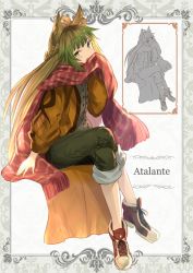 Rule 34 | 1girl, alternate costume, animal ears, atalanta (fate), blonde hair, character name, fate/apocrypha, fate (series), fox ears, green eyes, green hair, green pants, invisible chair, crossed legs, long hair, multicolored hair, open mouth, pants, red scarf, scarf, sitting, solo, two-tone hair, very long hair, yatsuka (846)