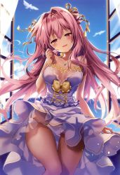 Rule 34 | 1girl, absurdres, backlighting, bird, blue sky, blurry, blurry background, blush, breasts, depth of field, dress, head tilt, highres, jewelry, long hair, looking at viewer, medium breasts, melonbooks, necklace, panties, pink hair, red eyes, riichu, scan, sidelocks, sky, small breasts, smile, solo, standing, underwear, very long hair, wind, wind lift