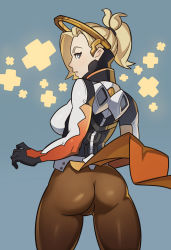 Rule 34 | 1girl, ass, blonde hair, blue eyes, bodysuit, breasts, cowboy shot, grey eyes, halo, high ponytail, highres, looking at viewer, looking back, mechanical halo, mercy (overwatch), overwatch, overwatch 1, pantyhose, parted lips, ponytail, short hair, solo, spandex, splashbrush, surprised, thighs