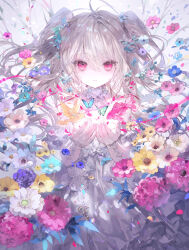 1girl absurdres blue_flower bug butterfly dress flower hair_between_eyes hair_flower hair_ornament highres insect long_hair looking_at_viewer onineko original petals pink_eyes pink_flower solo two_side_up white_dress white_flower yellow_flower