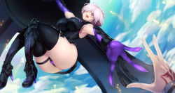 Rule 34 | 1girl, :d, armor, armored boots, armpits, ass, black thighhighs, blush, boots, breasts, command spell, elbow gloves, fate/grand order, fate (series), from below, fujimaru ritsuka (male), gloves, high heels, highres, holding, holding shield, leotard, looking at viewer, mash kyrielight, open mouth, outstretched arms, pov, purple eyes, purple gloves, purple hair, sekiyu (spartan), shield, short hair, smile, solo focus, thighhighs, wedgie