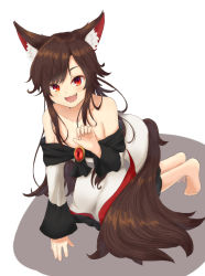 Rule 34 | 1girl, animal ear fluff, animal ears, artist request, bare shoulders, breasts, brooch, brown hair, cleavage, collarbone, dress, fangs, feet, full body, imaizumi kagerou, jewelry, kneeling, large breasts, long hair, long tail, looking at viewer, open mouth, paw pose, red eyes, red skirt, skirt, smile, tail, touhou, two-tone dress, very long hair, white dress