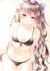 Rule 34 | 1girl, arms behind back, bikini, black bikini, bloom, blush, bow, breasts, brown hair, cleavage, closed mouth, collarbone, commentary request, front-tie top, hair bow, hat, highres, himekaidou hatate, large breasts, light smile, long hair, navel, sample watermark, sidelighting, simple background, solo, swimsuit, tokin hat, touhou, traditional media, twintails, very long hair, watermark, white background, y na1211, yellow eyes