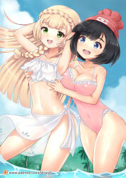 Rule 34 | black hair, blonde hair, breasts, cleavage, creatures (company), game freak, grabbing, grabbing another&#039;s breast, highres, large breasts, lillie (pokemon), long hair, medium breasts, nintendo, one-piece swimsuit, open mouth, pokemon, pokemon (anime), pokemon sm, pokemon sm (anime), selene (pokemon), short hair, swimsuit, virus-g, yuri