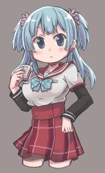 Rule 34 | 1girl, aqua hair, blue eyes, breasts, closed mouth, cropped legs, dress, ear piercing, es (eisis), grey background, highres, holding, jewelry, juice box, kamihama university affiliated school uniform, large breasts, layered sleeves, long hair, long sleeves, looking at viewer, magia record: mahou shoujo madoka magica gaiden, mahou shoujo madoka magica, minami rena, non porn, piercing, red sailor collar, sailor collar, school uniform, short over long sleeves, short sleeves, simple background, solo, two side up