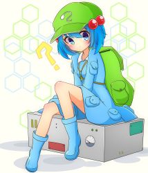 Rule 34 | 1girl, ?, backpack, bag, blue dress, blue eyes, blue footwear, blue hair, blush, boots, closed mouth, commentary request, dress, full body, green hat, hair bobbles, hair ornament, hat, highres, inon, kawashiro nitori, key, looking at viewer, pouch, rubber boots, sitting, solo, touhou, two side up