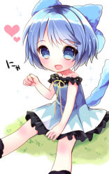 1girl alternate_costume blue_hair blush bow cat_tail cirno deformed female_focus hair_bow heart morinaga_kobato open_mouth paw_pose sash short_hair sitting solo tail touhou