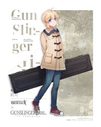 Rule 34 | 1girl, ahoge, blonde hair, blue eyes, coat, copyright name, crossover, denim, english text, girls&#039; frontline, guest character, guest fighter, gunslinger girl, highres, imoko (imonatsuki), jeans, official art, pants, rico (gunslinger girl), shoes, smile, sneakers, solo, weapon case