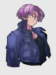 Rule 34 | 1boy, black shirt, blue eyes, closed mouth, dragon ball, dragonball z, grey background, jacket, kemachiku, long sleeves, looking at viewer, male focus, open clothes, open jacket, purple hair, shirt, short hair, simple background, trunks (dragon ball), trunks (future) (dragon ball), upper body
