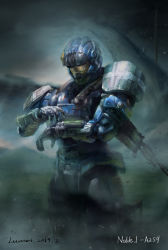 Rule 34 | 1boy, armor, carter-a259, character name, gun, halo: reach, halo (game), halo (series), hand up, highres, holstered, loftiwei, looking down, male focus, solo, spartan (halo), visor, weapon