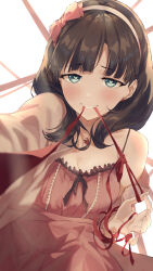 Rule 34 | 1girl, absurdres, blush, bow hairband, breasts, brown hair, cleavage, dress, earrings, foreshortening, glint, grin, hairband, heart, heart-shaped pupils, heart earrings, highres, idolmaster, idolmaster cinderella girls, jewelry, looking at viewer, medium breasts, red ribbon, ribbon, sakuma mayu, sanpo (sanpo 1027), simple background, single bare shoulder, sleeveless, sleeveless dress, smile, solo, string, string of fate, symbol-shaped pupils, white background