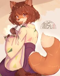 Rule 34 | 1girl, aburaage, animal ears, barefoot, black hair, blush, bob cut, body fur, bowl, brown fur, chopsticks, claws, clothing cutout, cup ramen, don gitsune, donbee (food), donbei kitsune udon, eating, fang, feet, food, fox ears, fox girl, fox tail, from behind, furrification, furry, furry female, high-waist skirt, highres, holding, holding bowl, instant udon, japanese clothes, looking at viewer, looking back, nissin, nissin donbei, ooba jun, paw print, pink eyes, purple skirt, sitting, skirt, solo, tail, tail through clothes, wariza, whiskers, wide sleeves