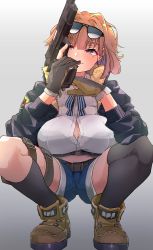 Rule 34 | 1girl, absurdres, artist request, asymmetrical legwear, aviator sunglasses, black socks, blue ribbon, blue shorts, breasts, brown footwear, brown hair, button gap, cleavage, denim, denim shorts, eyewear on head, girls&#039; frontline, gloves, grizzly mkv (girls&#039; frontline), gun, handgun, highres, holding, holding gun, holding weapon, holster, jacket, kneehighs, koyansuee, l.a.r. manufacturing, lar grizzly win mag, large breasts, long sleeves, neck ribbon, open clothes, open jacket, partially fingerless gloves, purple eyes, ribbon, shirt, shoes, short hair, short shorts, shorts, single kneehigh, single sock, single thighhigh, socks, solo, spread legs, squatting, striped ribbon, sunglasses, thigh holster, thigh strap, thighhighs, trigger discipline, uneven legwear, weapon, white shirt