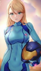 Rule 34 | 1girl, absurdres, amayo thranana, blonde hair, blue bodysuit, bodysuit, breasts, cloud, cloudy sky, covered navel, gradient sky, green eyes, helmet, highres, holding, lips, long hair, long sleeves, looking at viewer, medium breasts, metroid, metroid: other m, mole, mole under mouth, nintendo, outdoors, parted lips, samus aran, simple background, skin tight, sky, sunset, turtleneck, zero suit