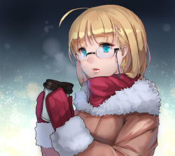 Rule 34 | 1girl, ahoge, airbrush (medium), anti (0324), bad id, bad pixiv id, blonde hair, blue eyes, cup, glasses, holding, lips, mittens, original, red mittens, red scarf, scarf, short hair, solo, upper body