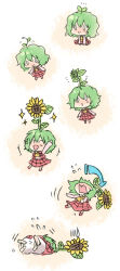 Rule 34 | 0 0, 1girl, :d, :o, ^ ^, arms up, arrow (symbol), bloomers, chibi, closed eyes, comic, closed eyes, fallen down, falling, female focus, flower, flower on head, growth, happy, kazami yuuka, long image, mokku, object on head, open mouth, outstretched arms, silent comic, sitting, smile, solo, sparkle, sunflower, sweatdrop, tall image, touhou, underwear, wavy mouth