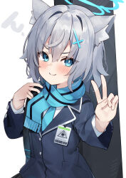 Rule 34 | 1girl, absurdres, animal ear fluff, animal ears, black jacket, blazer, blue archive, blue eyes, blue halo, blue necktie, blue scarf, blush, buttons, closed mouth, cross hair ornament, grey hair, hair between eyes, hair ornament, halo, highres, jacket, kuroshiro kanae, long sleeves, medium hair, mismatched pupils, necktie, scarf, shiroko (blue archive), shiroko (young) (blue archive), smile, solo, v, wolf ears