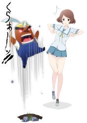 Rule 34 | 1girl, :&lt;, ^^^, angry, animal crossing, artist request, brown eyes, brown hair, crossover, eyebrows, full body, haruki misora, helmat, highres, mole, mr. resetti, name connection, nintendo, nora kaato, open mouth, overalls, pickaxe, pointy nose, sagrada reset, school uniform, shoes, short hair, simple background, skirt, sneakers, surprised, sweatdrop, thighs, triangle mouth, v-shaped eyebrows, whiskers, white background