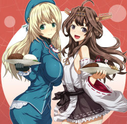 Rule 34 | 10s, 2girls, asymmetrical docking, atago (kancolle), bad id, bad pixiv id, bare shoulders, blonde hair, blush, breast press, breasts, brown hair, curry, curry rice, detached sleeves, double bun, food, gloves, green eyes, hair ornament, hairband, hamburger steak, hat, headgear, japanese clothes, japanese flag, kameneji, kantai collection, kongou (kancolle), large breasts, long hair, looking at viewer, military, military uniform, miniskirt, multiple girls, nontraditional miko, open mouth, personification, rice, skirt, uniform, union jack