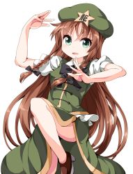 Rule 34 | 1girl, alternate eye color, alternate hair color, beret, bow, braid, brown footwear, brown hair, chinese clothes, collared shirt, green eyes, hair bow, hat, hong meiling, leg up, legs, long hair, long skirt, looking at viewer, open mouth, ruu (tksymkw), shirt, shoes, short sleeves, side slit, simple background, skirt, smile, solo, stance, star (symbol), tangzhuang, thighs, touhou, twin braids, untucked shirt, very long hair, white background, white shirt