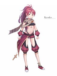 Rule 34 | 1girl, alternate costume, bandaged leg, bandages, belt, belt buckle, blush, breasts, bridal gauntlets, brown eyes, brown scarf, buckle, character name, clenched hands, cross, cross earrings, du mogu, earrings, full body, grin, highleg, highres, jewelry, legs apart, long hair, looking at viewer, mahou shoujo madoka magica, mahou shoujo madoka magica (anime), medium breasts, mouth hold, navel, open mouth, parted bangs, ponytail, red footwear, red hair, red shorts, revision, sakura kyoko, scarf, shoes, shorts, simple background, smile, solo, standing, stomach, strapless, teeth, tube top, underboob, white background