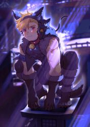 Rule 34 | 1boy, abs, absurdres, animal, animal ear fluff, animal ears, animal on shoulder, armband, bell, black cat, black jacket, black pants, black shirt, blonde hair, blue armband, cat, cat ears, cat on shoulder, cat tail, closed mouth, collar, covered abs, cropped jacket, fake animal ears, fake tail, fur-trimmed jacket, fur trim, highres, jacket, jingle bell, looking at viewer, male focus, mane (omedemidori), night, original, outdoors, pants, pectorals, red eyes, shirt, short hair, sleeveless, sleeveless shirt, smile, solo, squatting, tail, taut clothes, taut shirt, toned, toned male