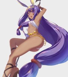 Rule 34 | 1girl, arm up, armpits, bad id, bad tumblr id, breasts, dark-skinned female, dark skin, earrings, egyptian, egyptian clothes, fate/grand order, fate (series), from side, grey background, hairband, holding, hoop earrings, jewelry, knee up, long hair, looking at viewer, low-tied long hair, nitocris (fate), open mouth, purple eyes, purple hair, revealing clothes, simple background, small breasts, solo, sushikuugo (suisen), thighs, underboob, very long hair